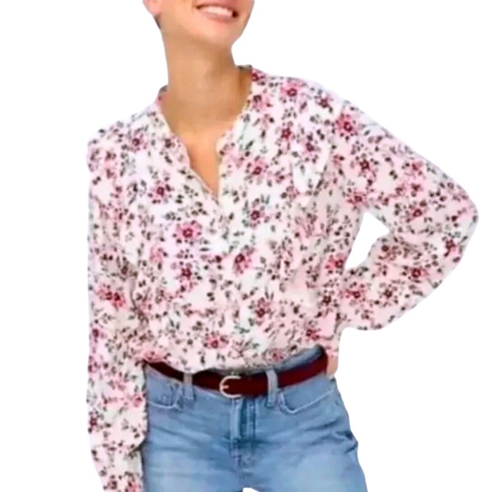 J Crew Womens Floral Ruffle Top L White Pink Button Up Cottage Prairie Dainty